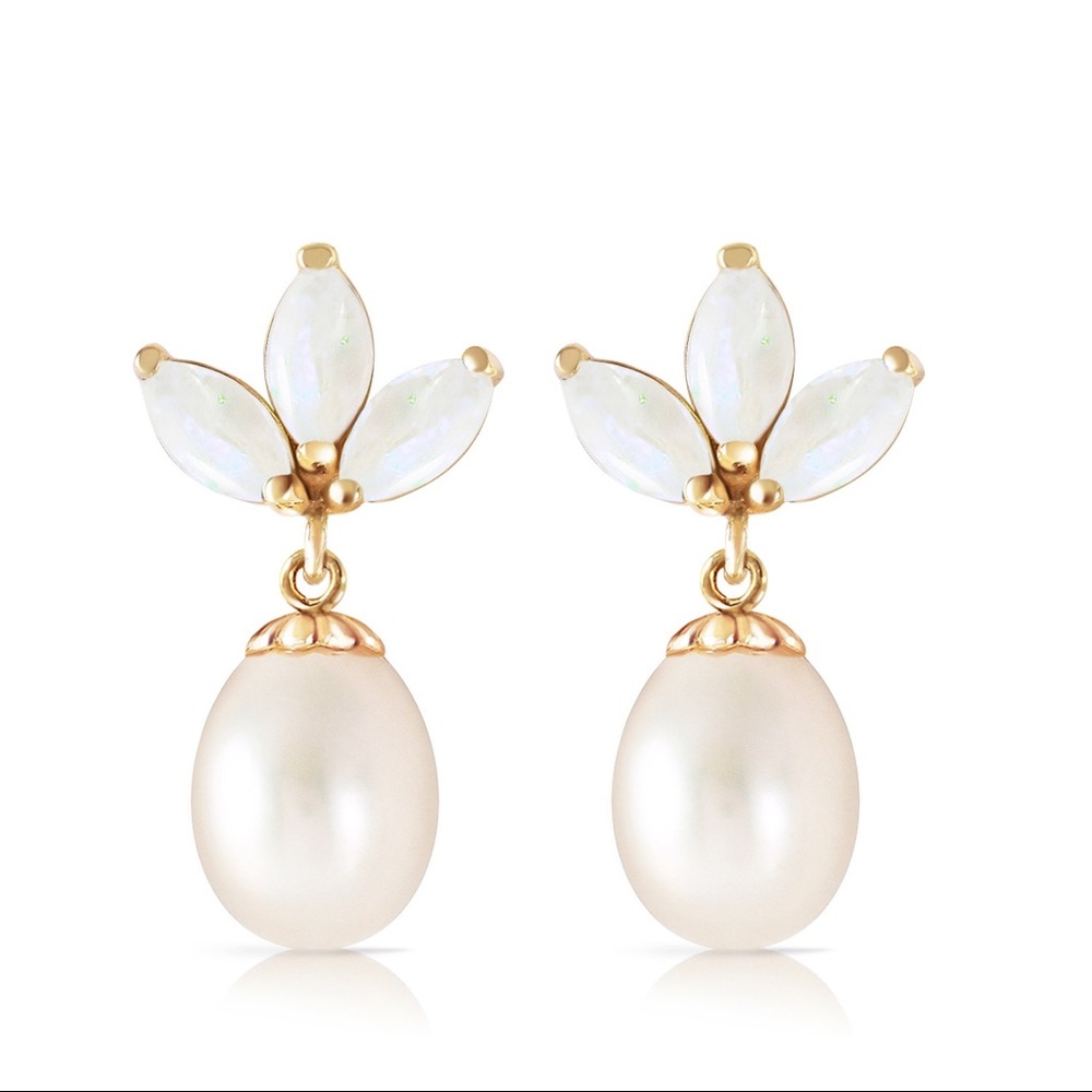 14K. SOLID GOLD DANGLING EARRING PEARLS & OPALS - Picture 2 of 6